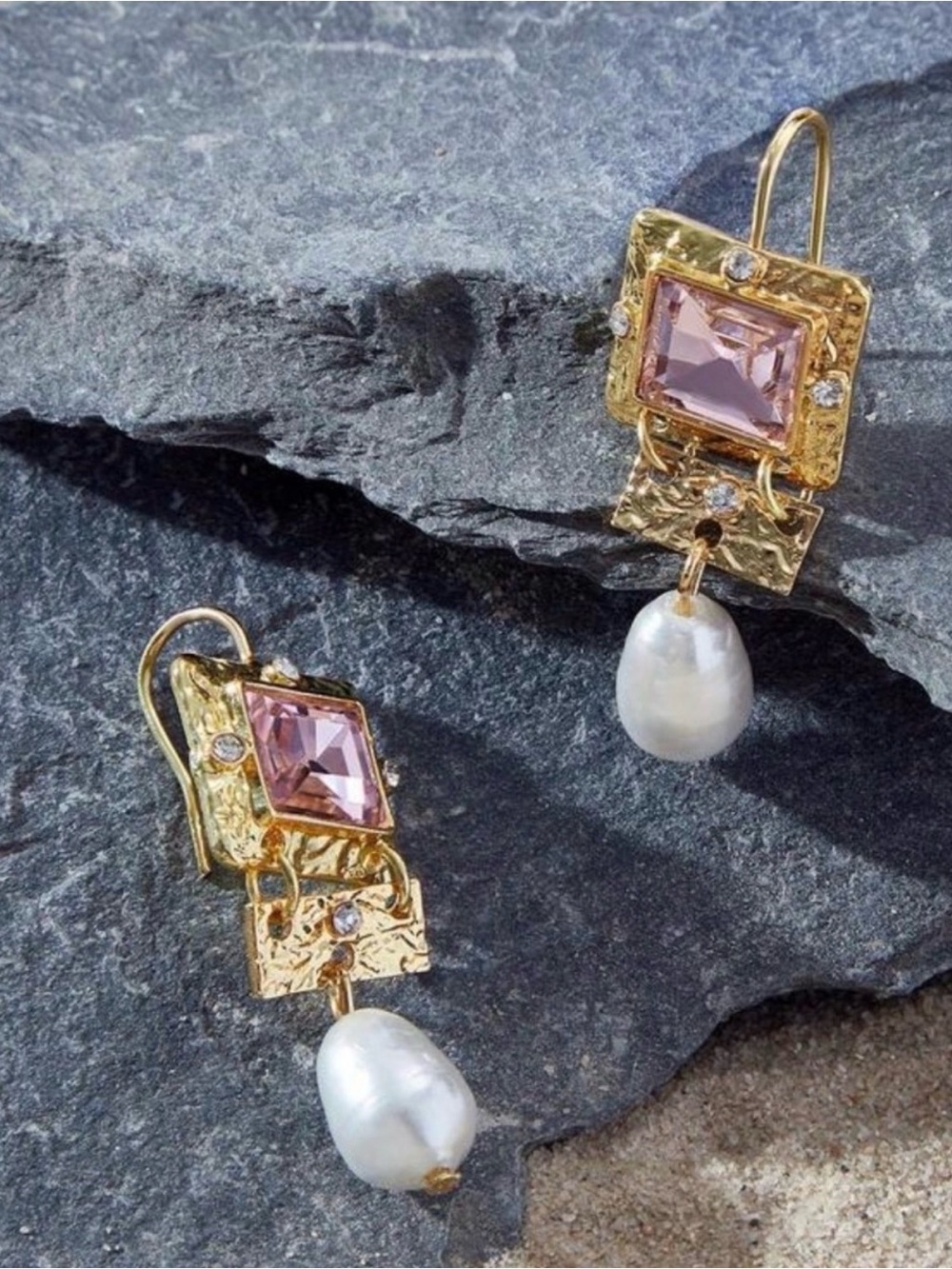 Pink Crystal & Pearl Drop Earrings - Picture 3 of 5